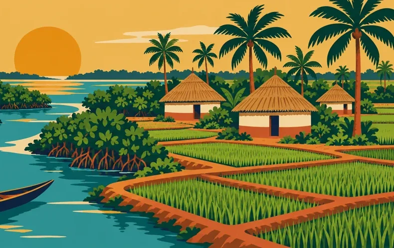 Saaful illustration of homes, rice fields and palms beside a river
